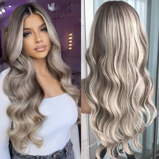 Body Wave Lace Front Wig Highlight Ash Blonde  Frontal Synthetic Wigs Pre Plucked Long Wavy Synthetic Lace Wig for Women
