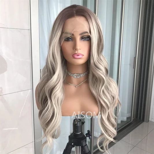 Body Wave Lace Front Wig Highlight Ash Blonde  Frontal Synthetic Wigs Pre Plucked Long Wavy Synthetic Lace Wig for Women