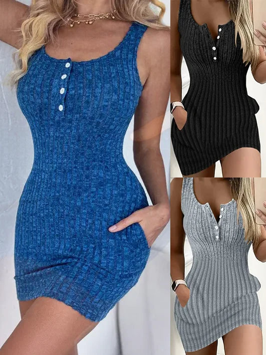 bodycon Button Pocket Dress Sleeveless
